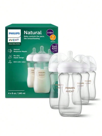 Philips Avent Natural Glass Baby Bottles With Natural Response Nipples (Medium Flow, Flow 3), 8oz, 4-Pack, SCY913/04