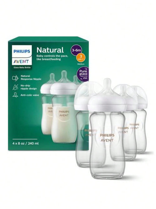 Philips Avent Natural Glass Baby Bottles With Natural Response Nipples (Medium Flow, Flow 3), 8oz, 4-Pack, SCY913/04