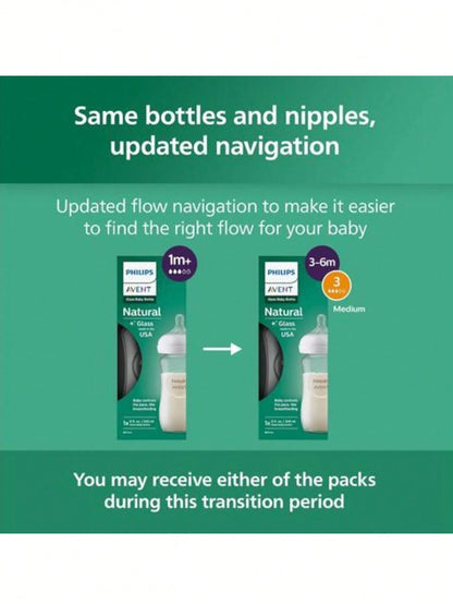 Philips Avent Natural Glass Baby Bottles With Natural Response Nipples (Medium Flow, Flow 3), 8oz, 4-Pack, SCY913/04