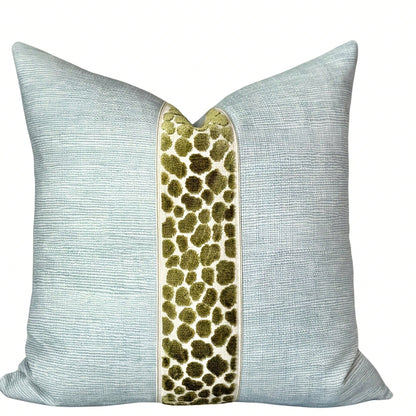 [Pillow Cover] Seaglass Throw Pillow Cover With Green Cheetah Decorative Tape Detail _ Modern Blue Pillow Cover, Coastal Accent Pillow For Sofa And Bed
