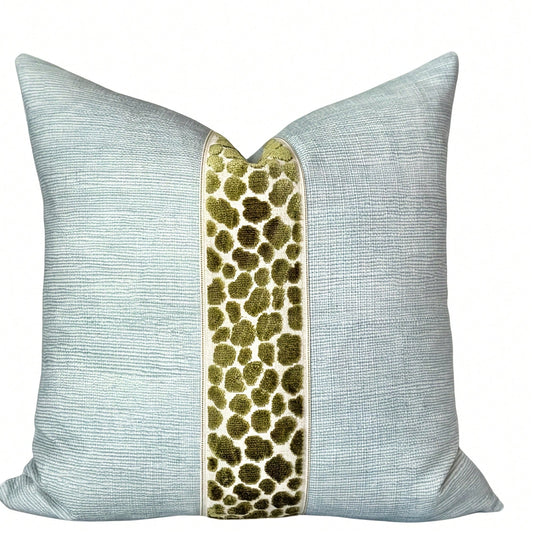 [Pillow Cover] Seaglass Throw Pillow Cover With Green Cheetah Decorative Tape Detail _ Modern Blue Pillow Cover, Coastal Accent Pillow For Sofa And Bed