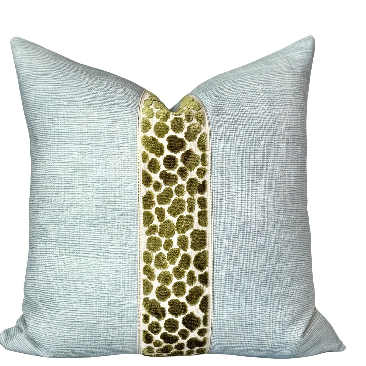 [Pillow Cover] Seaglass Throw Pillow Cover With Green Cheetah Decorative Tape Detail _ Modern Blue Pillow Cover, Coastal Accent Pillow For Sofa And Bed
