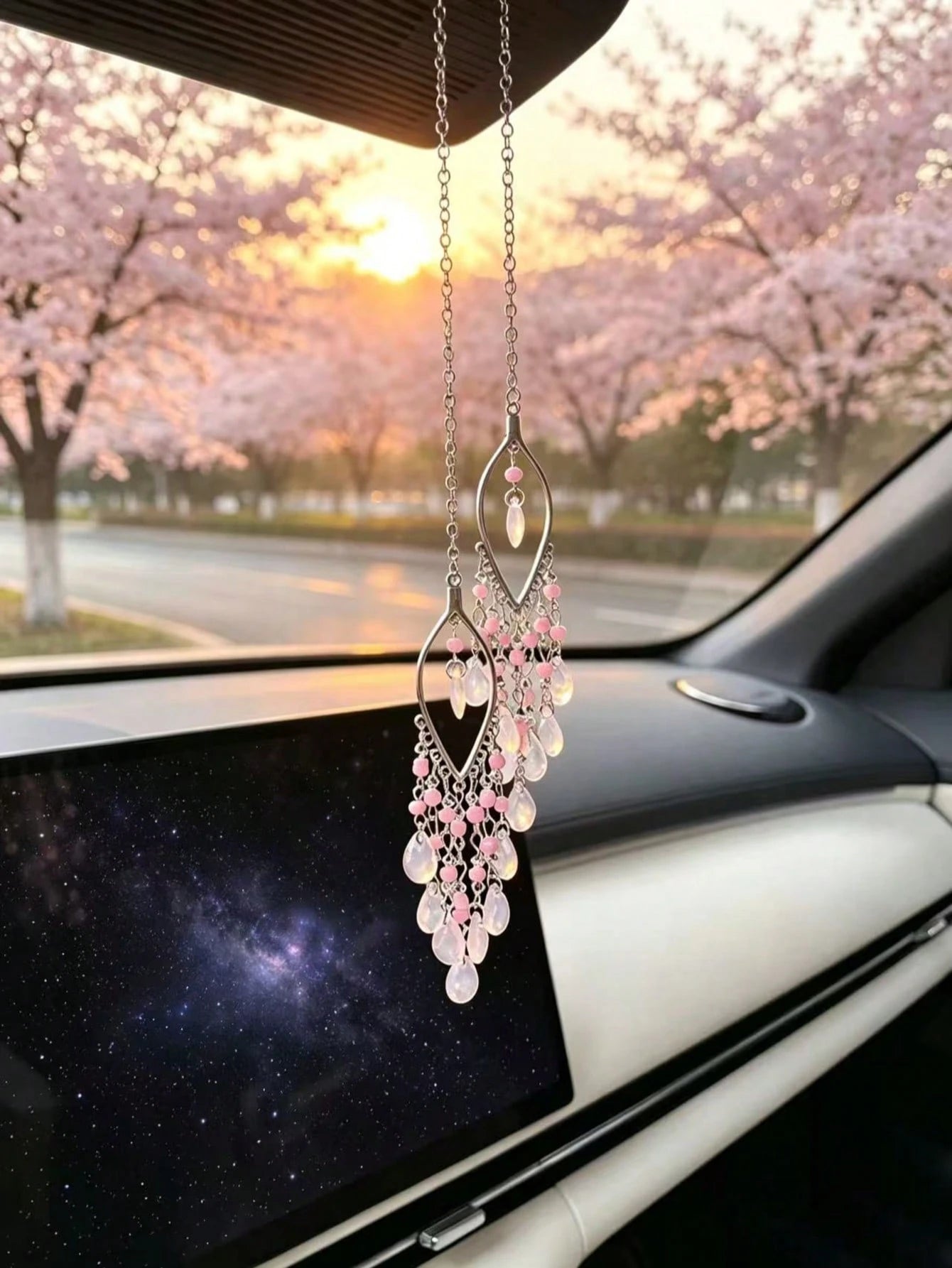 Pink Bead Water Drop Glass Tassel Car Rearview Mirror Hanging Ornament, Ethereal Hollow Willow Leaf Gentle Girl Car Interior Decoration, Water Drop Glass Tassel Car Hanging, Hollow Willow Leaf Metal C