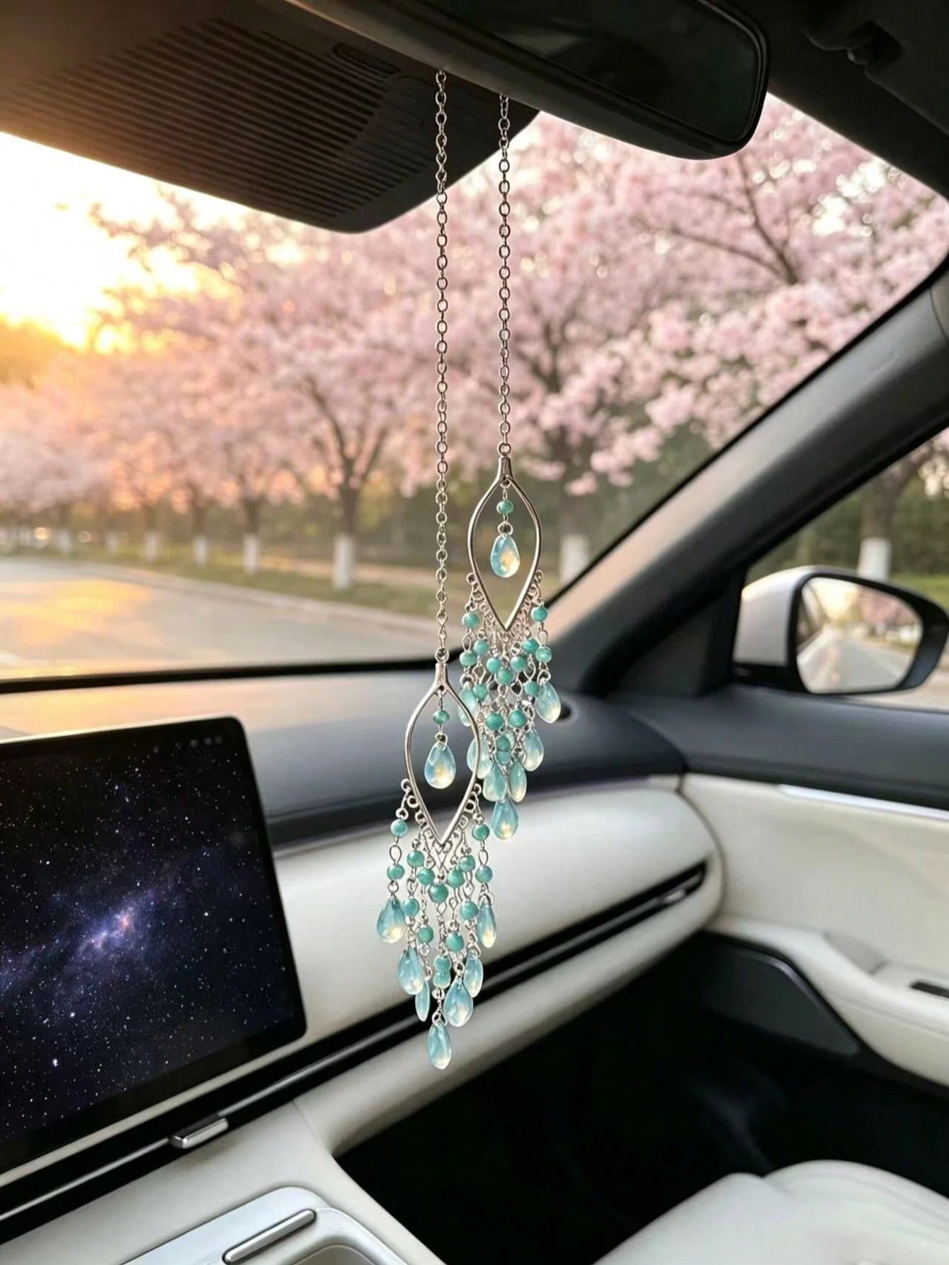 Pink Bead Water Drop Glass Tassel Car Rearview Mirror Hanging Ornament, Ethereal Hollow Willow Leaf Gentle Girl Car Interior Decoration, Water Drop Glass Tassel Car Hanging, Hollow Willow Leaf Metal C