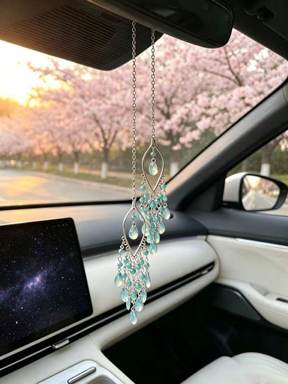 Pink Bead Water Drop Glass Tassel Car Rearview Mirror Hanging Ornament, Ethereal Hollow Willow Leaf Gentle Girl Car Interior Decoration, Water Drop Glass Tassel Car Hanging, Hollow Willow Leaf Metal C