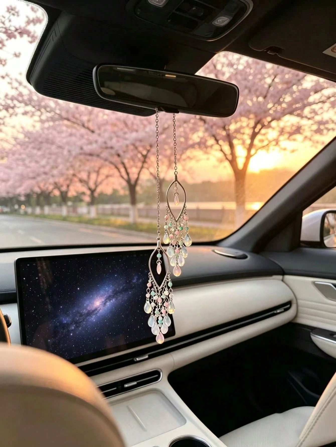 Pink Bead Water Drop Glass Tassel Car Rearview Mirror Hanging Ornament, Ethereal Hollow Willow Leaf Gentle Girl Car Interior Decoration, Water Drop Glass Tassel Car Hanging, Hollow Willow Leaf Metal C