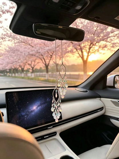 Pink Bead Water Drop Glass Tassel Car Rearview Mirror Hanging Ornament, Ethereal Hollow Willow Leaf Gentle Girl Car Interior Decoration, Water Drop Glass Tassel Car Hanging, Hollow Willow Leaf Metal C