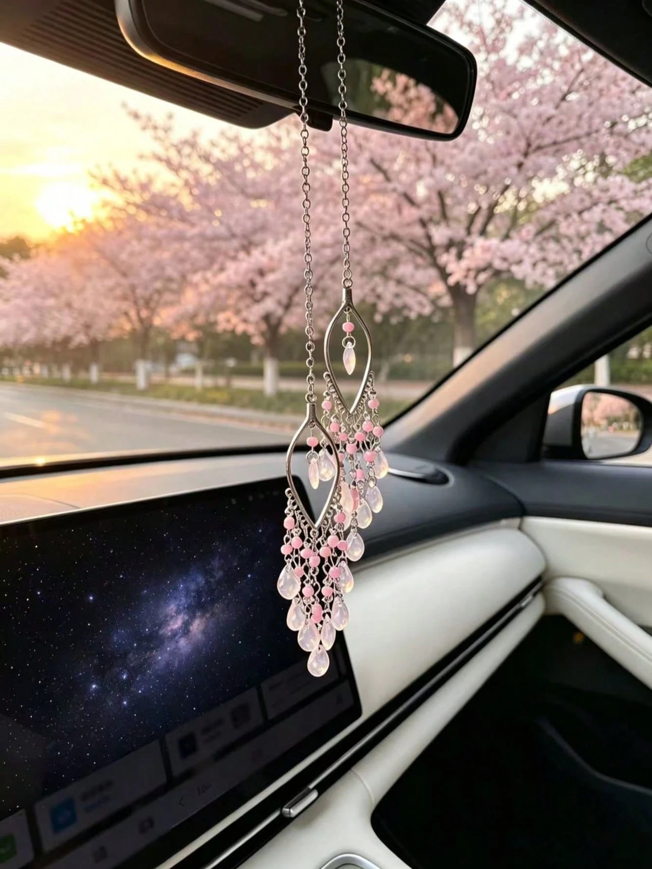 Pink Bead Water Drop Glass Tassel Car Rearview Mirror Hanging Ornament, Ethereal Hollow Willow Leaf Gentle Girl Car Interior Decoration, Water Drop Glass Tassel Car Hanging, Hollow Willow Leaf Metal C