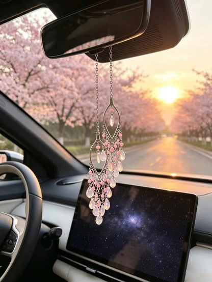 Pink Bead Water Drop Glass Tassel Car Rearview Mirror Hanging Ornament, Ethereal Hollow Willow Leaf Gentle Girl Car Interior Decoration, Water Drop Glass Tassel Car Hanging, Hollow Willow Leaf Metal C