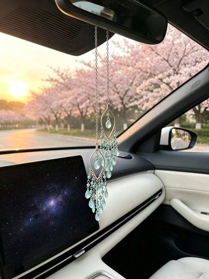Pink Bead Water Drop Glass Tassel Car Rearview Mirror Hanging Ornament, Ethereal Hollow Willow Leaf Gentle Girl Car Interior Decoration, Water Drop Glass Tassel Car Hanging, Hollow Willow Leaf Metal C