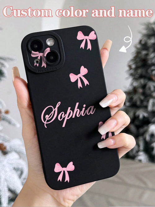 Pink Black Bow Element Reflective Thick Anti-Drop 1pc Customized Name & Bow Color Pattern Phone Case Fashionable Custom Design Compatible With 11 12 13 14 15 16 Pro Max Birthday Anniversary Gift Coque