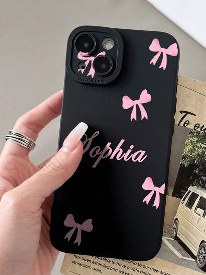 Pink Black Bow Element Reflective Thick Anti-Drop 1pc Customized Name & Bow Color Pattern Phone Case Fashionable Custom Design Compatible With 11 12 13 14 15 16 Pro Max Birthday Anniversary Gift Coque