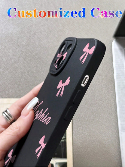 Pink Black Bow Element Reflective Thick Anti-Drop 1pc Customized Name & Bow Color Pattern Phone Case Fashionable Custom Design Compatible With 11 12 13 14 15 16 Pro Max Birthday Anniversary Gift Coque