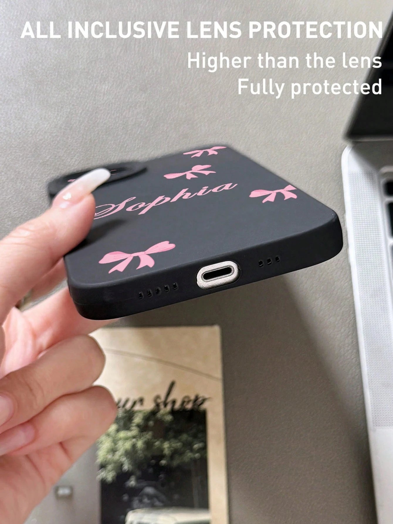 Pink Black Bow Element Reflective Thick Anti-Drop 1pc Customized Name & Bow Color Pattern Phone Case Fashionable Custom Design Compatible With 11 12 13 14 15 16 Pro Max Birthday Anniversary Gift Coque