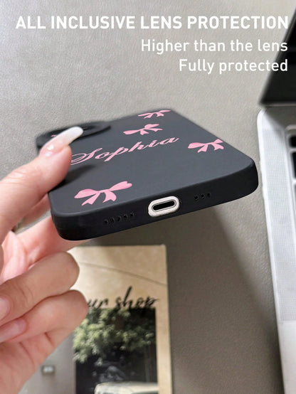 Pink Black Bow Element Reflective Thick Anti-Drop 1pc Customized Name & Bow Color Pattern Phone Case Fashionable Custom Design Compatible With 11 12 13 14 15 16 Pro Max Birthday Anniversary Gift Coque