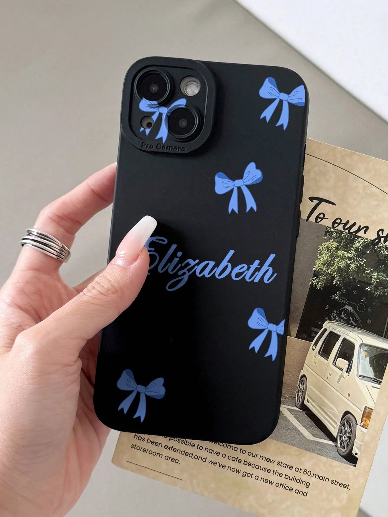 Pink Black Bow Element Reflective Thick Anti-Drop 1pc Customized Name & Bow Color Pattern Phone Case Fashionable Custom Design Compatible With 11 12 13 14 15 16 Pro Max Birthday Anniversary Gift Coque