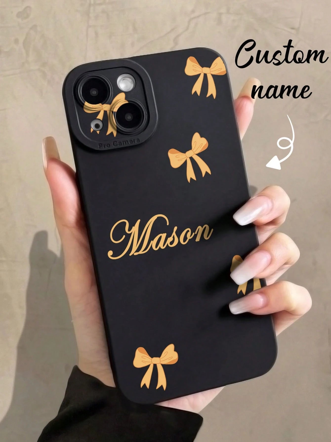 Pink Black Bow Element Reflective Thick Anti-Drop 1pc Customized Name & Bow Color Pattern Phone Case Fashionable Custom Design Compatible With 11 12 13 14 15 16 Pro Max Birthday Anniversary Gift Coque