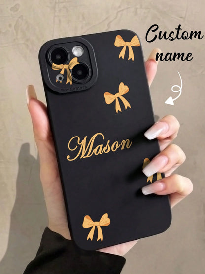 Pink Black Bow Element Reflective Thick Anti-Drop 1pc Customized Name & Bow Color Pattern Phone Case Fashionable Custom Design Compatible With 11 12 13 14 15 16 Pro Max Birthday Anniversary Gift Coque