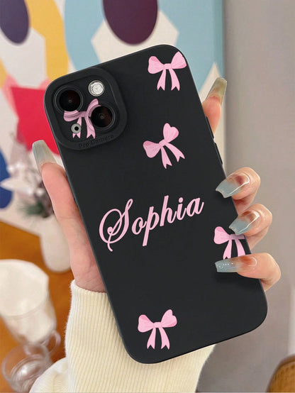 Pink Black Bow Element Reflective Thick Anti-Drop 1pc Customized Name & Bow Color Pattern Phone Case Fashionable Custom Design Compatible With 11 12 13 14 15 16 Pro Max Birthday Anniversary Gift Coque