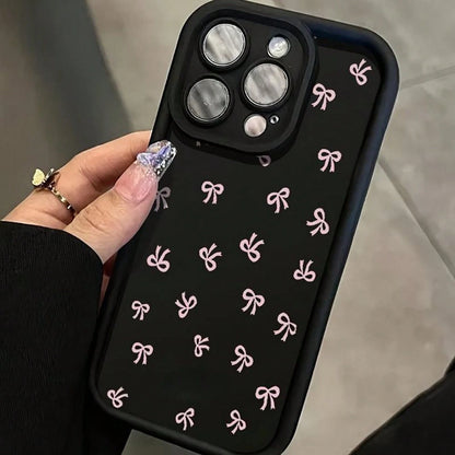 Pink Bow Pattern Phone Case For IPhone 16 15 14 Pro Max 13 12 11 XR XS Plus Shockproof Full Camera Protection Durable Slim Silicone Cover