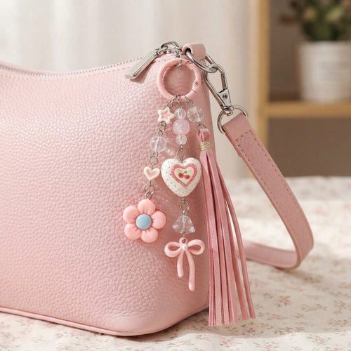 Pink Cherry Bag Charm Keychain, Heart & Flower Tassel Pendant, Cute Handbag Accessory
