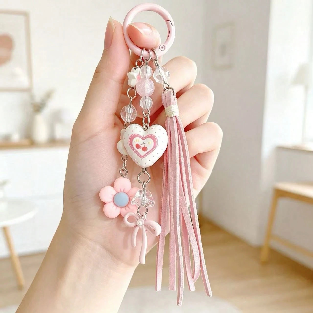 Pink Cherry Bag Charm Keychain, Heart & Flower Tassel Pendant, Cute Handbag Accessory