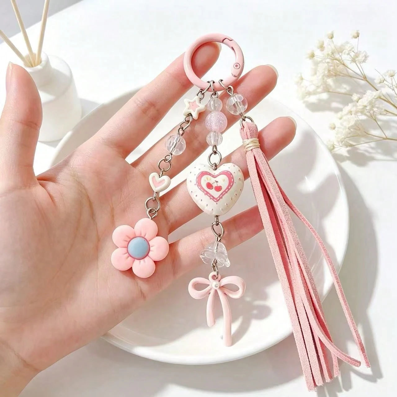 Pink Cherry Bag Charm Keychain, Heart & Flower Tassel Pendant, Cute Handbag Accessory