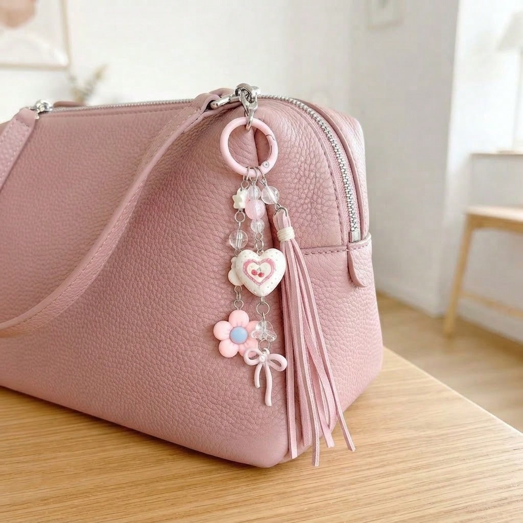 Pink Cherry Bag Charm Keychain, Heart & Flower Tassel Pendant, Cute Handbag Accessory