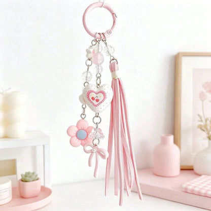 Pink Cherry Bag Charm Keychain, Heart & Flower Tassel Pendant, Cute Handbag Accessory