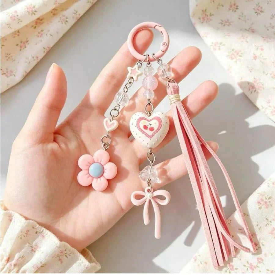 Pink Cherry Bag Charm Keychain, Heart & Flower Tassel Pendant, Cute Handbag Accessory