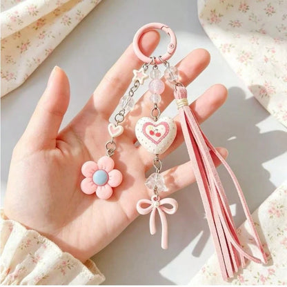 Pink Cherry Bag Charm Keychain, Heart & Flower Tassel Pendant, Cute Handbag Accessory