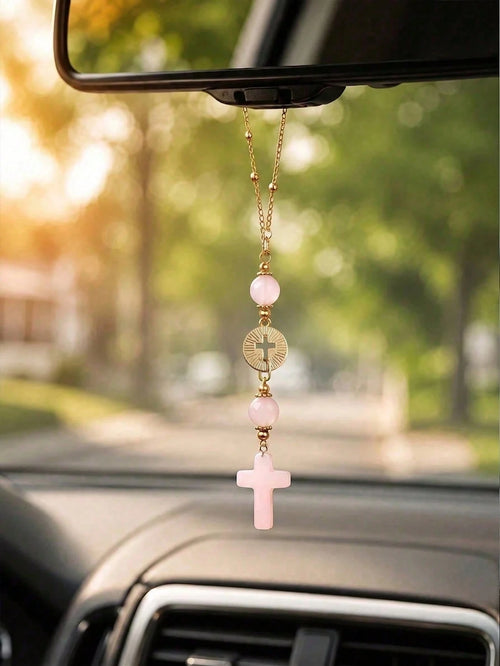Pink Crystal Cross Car Rearview Mirror Hanging Ornament, Bohemian Handmade Sun Catcher With Gold Chain And Natural Stone Beads, Elegant Spiritual Protection Amulet, Suitable For Various Car Interior D