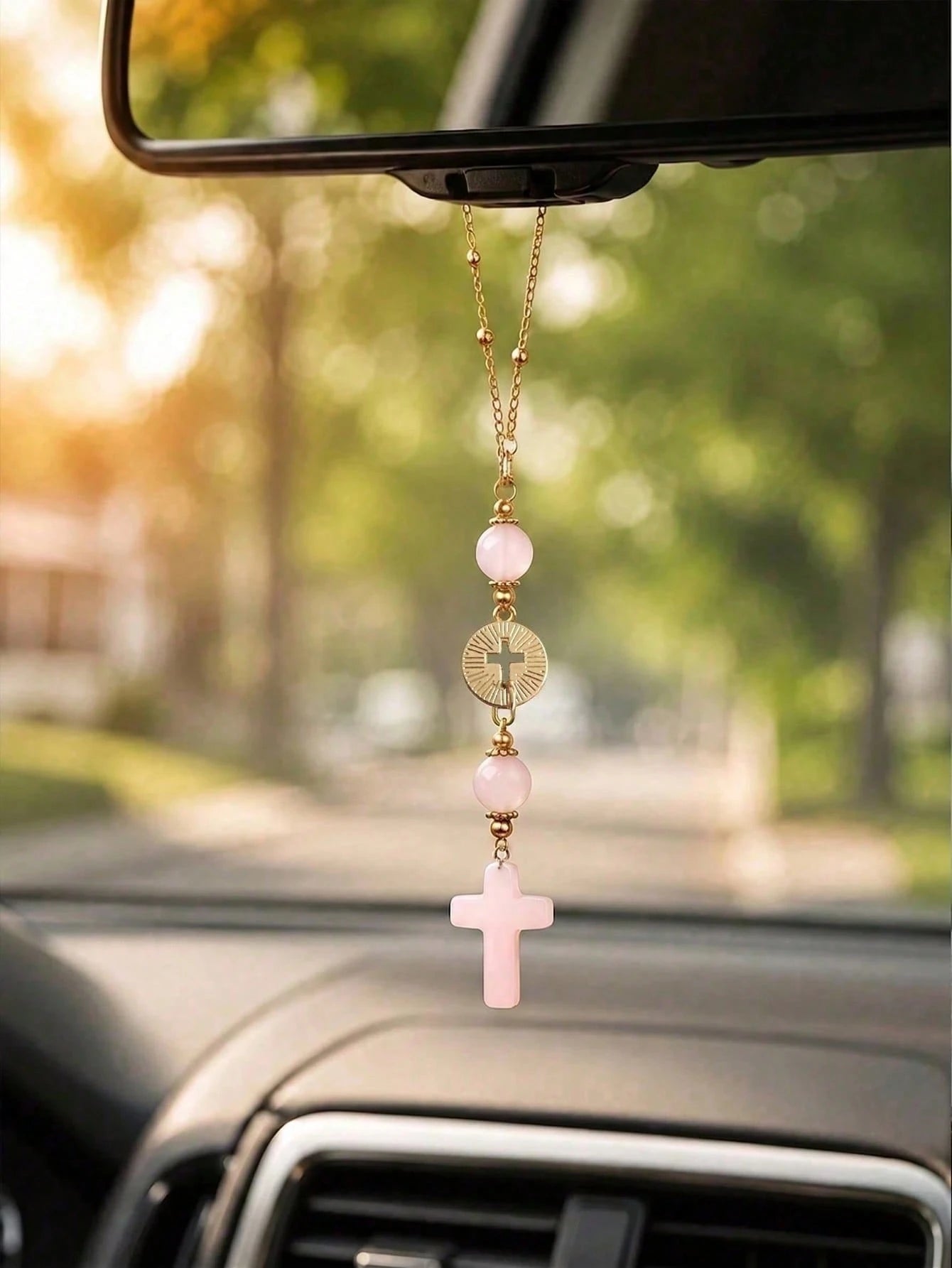 Pink Crystal Cross Car Rearview Mirror Hanging Ornament, Bohemian Handmade Sun Catcher With Gold Chain And Natural Stone Beads, Elegant Spiritual Protection Amulet, Suitable For Various Car Interior D