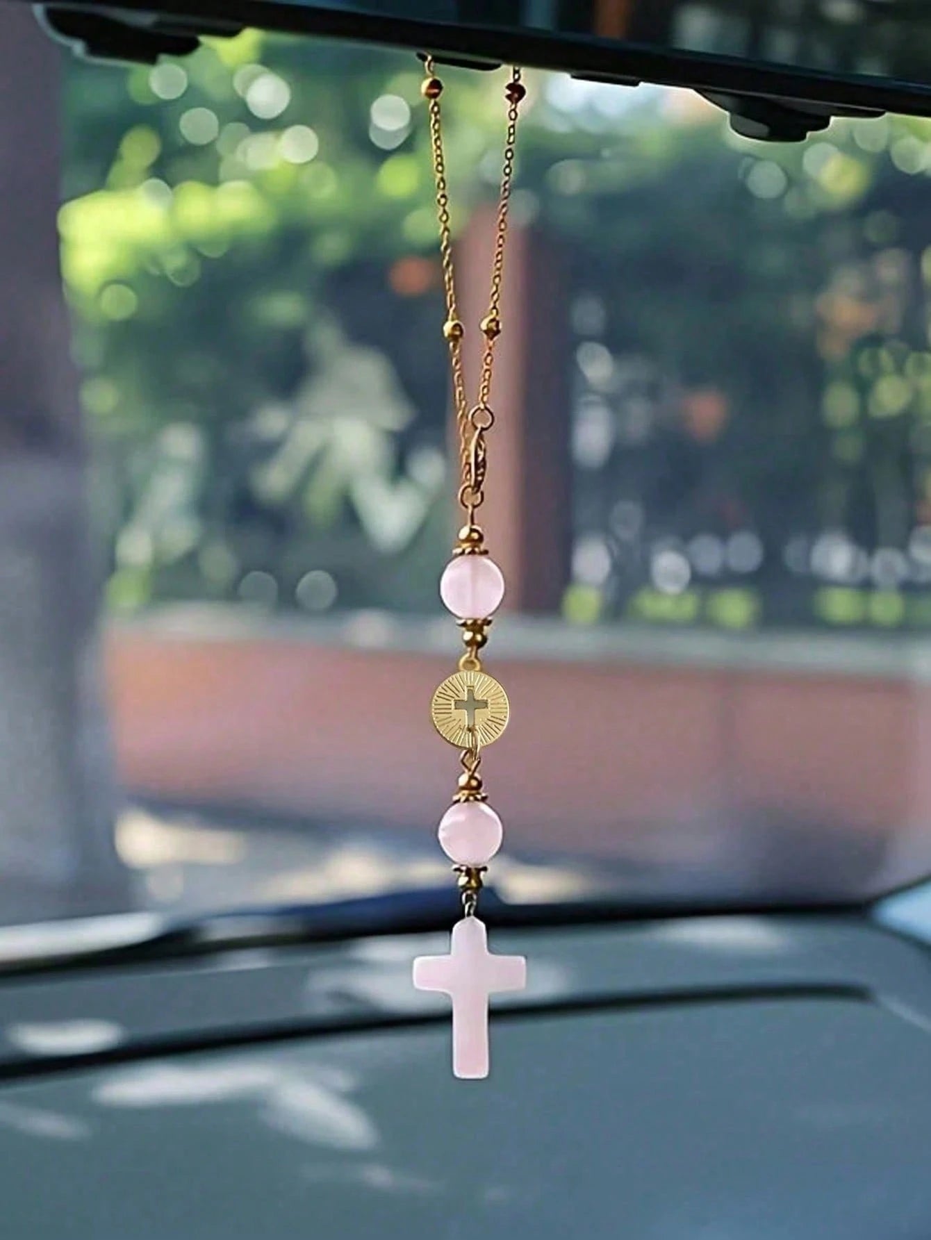 Pink Crystal Cross Car Rearview Mirror Hanging Ornament, Bohemian Handmade Sun Catcher With Gold Chain And Natural Stone Beads, Elegant Spiritual Protection Amulet, Suitable For Various Car Interior D