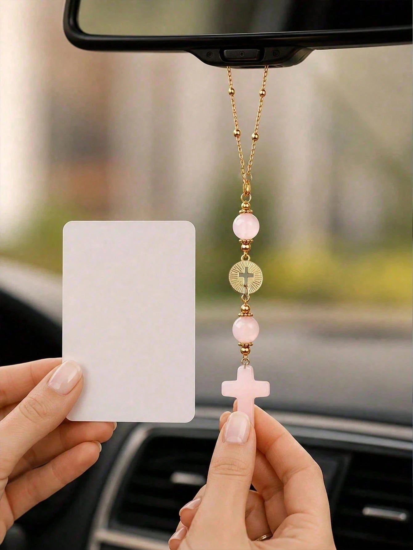 Pink Crystal Cross Car Rearview Mirror Hanging Ornament, Bohemian Handmade Sun Catcher With Gold Chain And Natural Stone Beads, Elegant Spiritual Protection Amulet, Suitable For Various Car Interior D