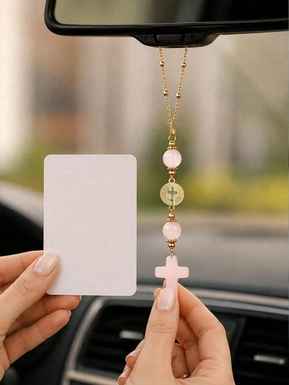 Pink Crystal Cross Car Rearview Mirror Hanging Ornament, Bohemian Handmade Sun Catcher With Gold Chain And Natural Stone Beads, Elegant Spiritual Protection Amulet, Suitable For Various Car Interior D