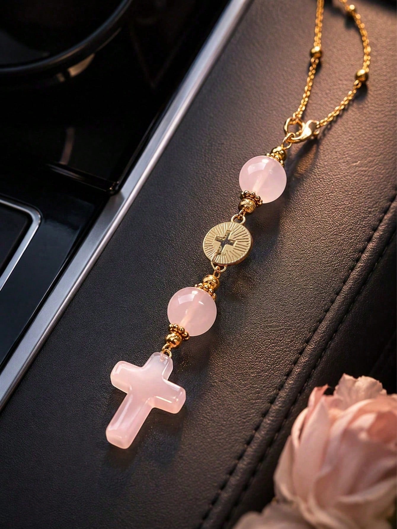 Pink Crystal Cross Car Rearview Mirror Hanging Ornament, Bohemian Handmade Sun Catcher With Gold Chain And Natural Stone Beads, Elegant Spiritual Protection Amulet, Suitable For Various Car Interior D