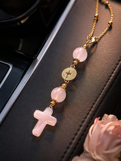 Pink Crystal Cross Car Rearview Mirror Hanging Ornament, Bohemian Handmade Sun Catcher With Gold Chain And Natural Stone Beads, Elegant Spiritual Protection Amulet, Suitable For Various Car Interior D