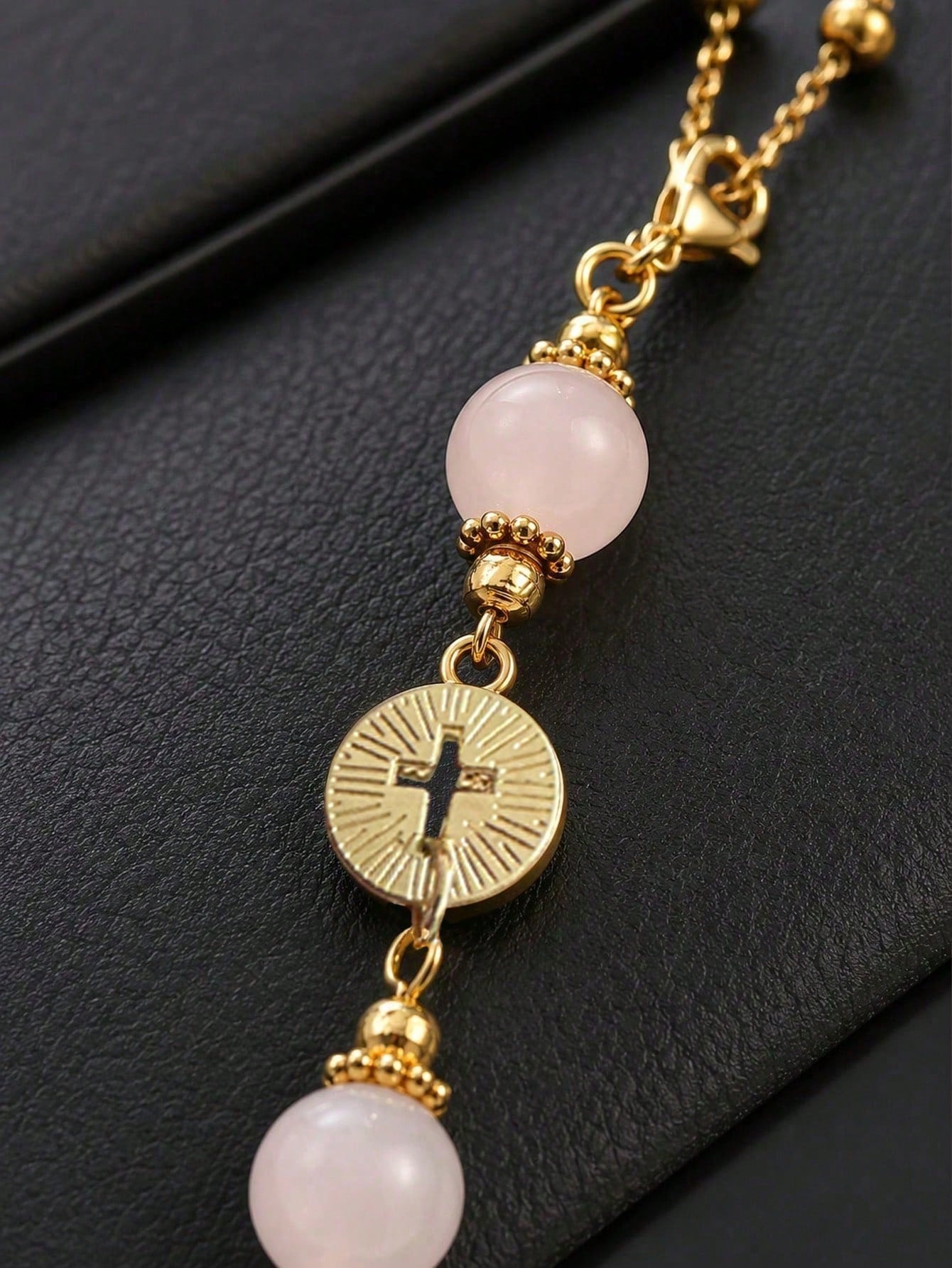 Pink Crystal Cross Car Rearview Mirror Hanging Ornament, Bohemian Handmade Sun Catcher With Gold Chain And Natural Stone Beads, Elegant Spiritual Protection Amulet, Suitable For Various Car Interior D