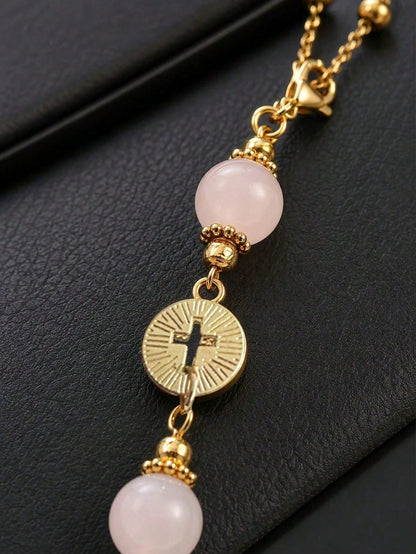 Pink Crystal Cross Car Rearview Mirror Hanging Ornament, Bohemian Handmade Sun Catcher With Gold Chain And Natural Stone Beads, Elegant Spiritual Protection Amulet, Suitable For Various Car Interior D
