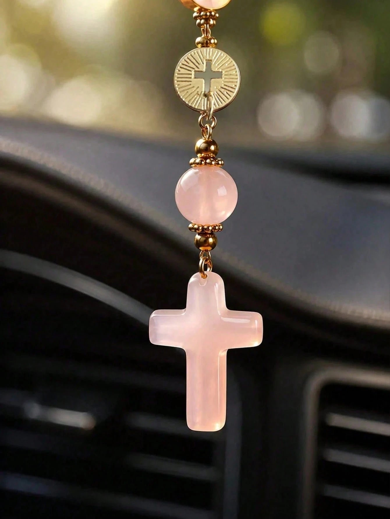 Pink Crystal Cross Car Rearview Mirror Hanging Ornament, Bohemian Handmade Sun Catcher With Gold Chain And Natural Stone Beads, Elegant Spiritual Protection Amulet, Suitable For Various Car Interior D