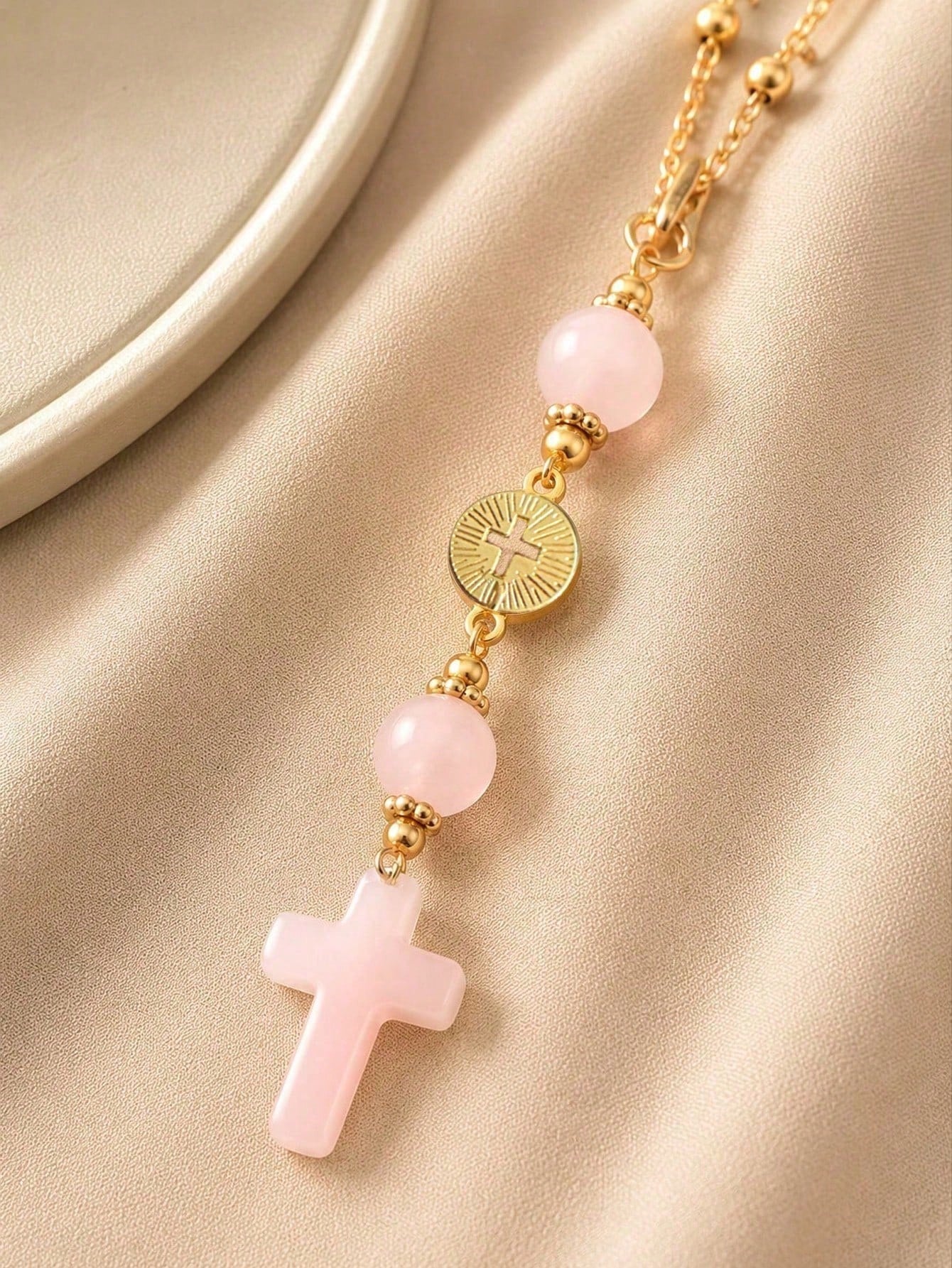 Pink Crystal Cross Car Rearview Mirror Hanging Ornament, Bohemian Handmade Sun Catcher With Gold Chain And Natural Stone Beads, Elegant Spiritual Protection Amulet, Suitable For Various Car Interior D