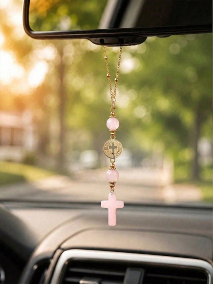 Pink Crystal Cross Car Rearview Mirror Hanging Ornament, Bohemian Handmade Sun Catcher With Gold Chain And Natural Stone Beads, Elegant Spiritual Protection Amulet, Suitable For Various Car Interior D
