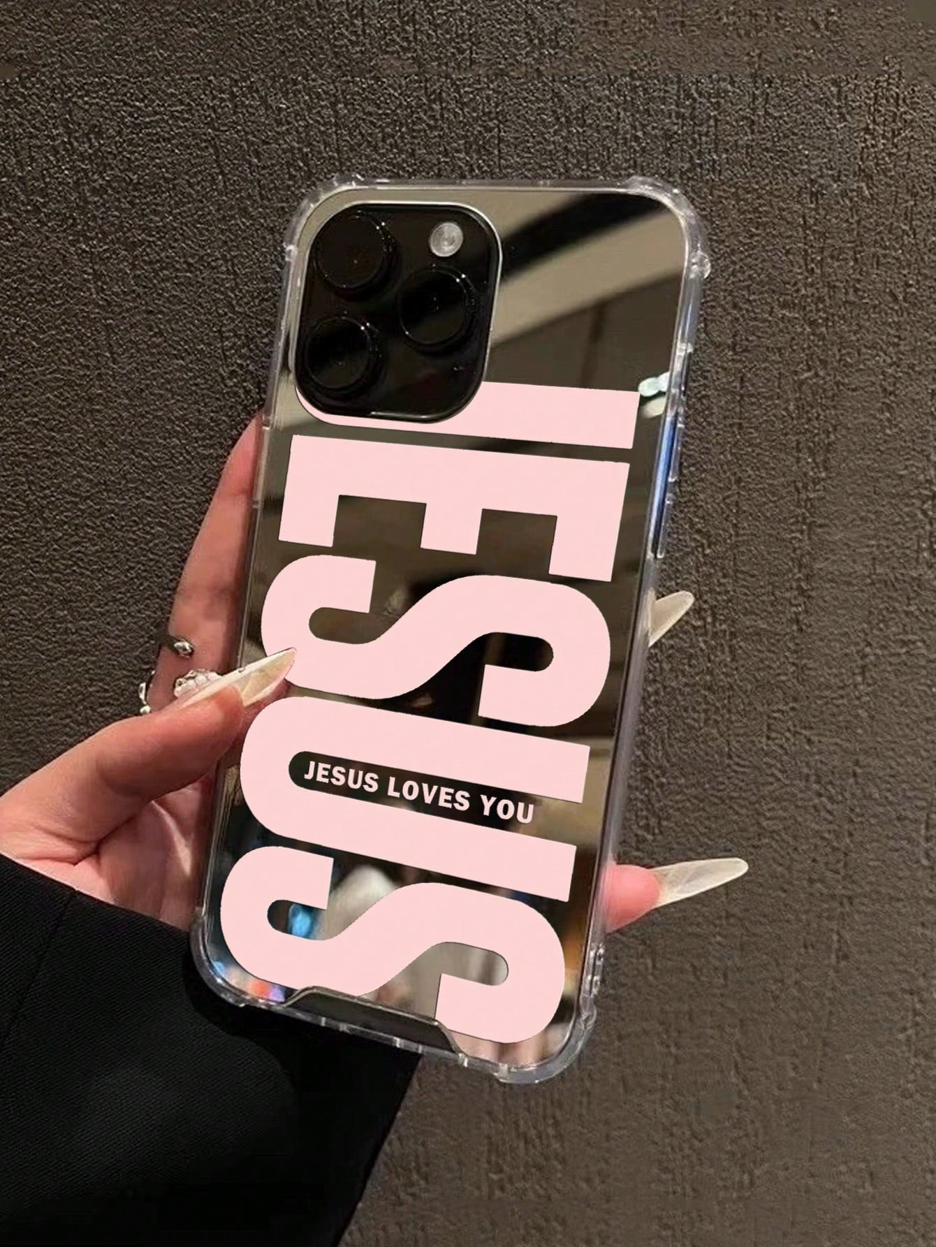 Pink "Jesus" Slogan Pattern Printed Mirror Acrylic Shockproof Phone Case, Compatible With IPhone 13/11/17/17pro/16/14/15/15pro/15 Plus/15 Promax/13pro/14pro/12mini/13mini/11promax/12promax/13promax/14