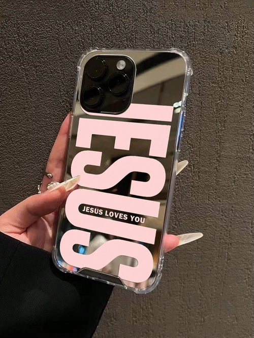 Pink "Jesus" Slogan Pattern Printed Mirror Acrylic Shockproof Phone Case, Compatible With IPhone 13/11/17/17pro/16/14/15/15pro/15 Plus/15 Promax/13pro/14pro/12mini/13mini/11promax/12promax/13promax/14