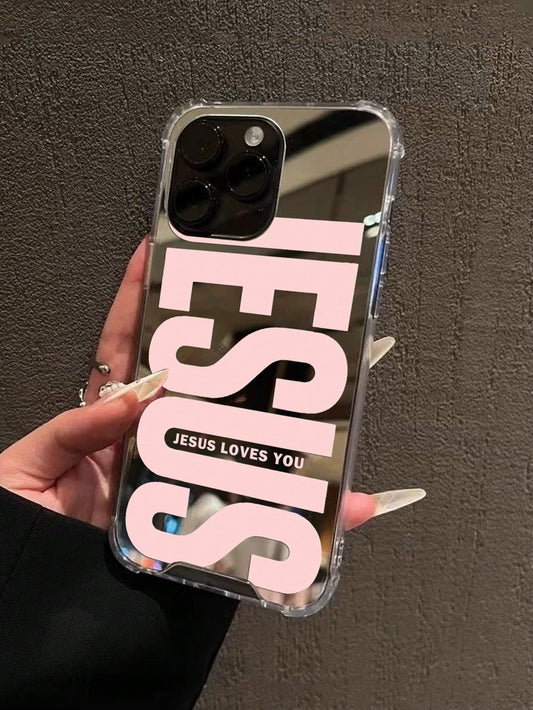 Pink "Jesus" Slogan Pattern Printed Mirror Acrylic Shockproof Phone Case, Compatible With IPhone 13/11/17/17pro/16/14/15/15pro/15 Plus/15 Promax/13pro/14pro/12mini/13mini/11promax/12promax/13promax/14
