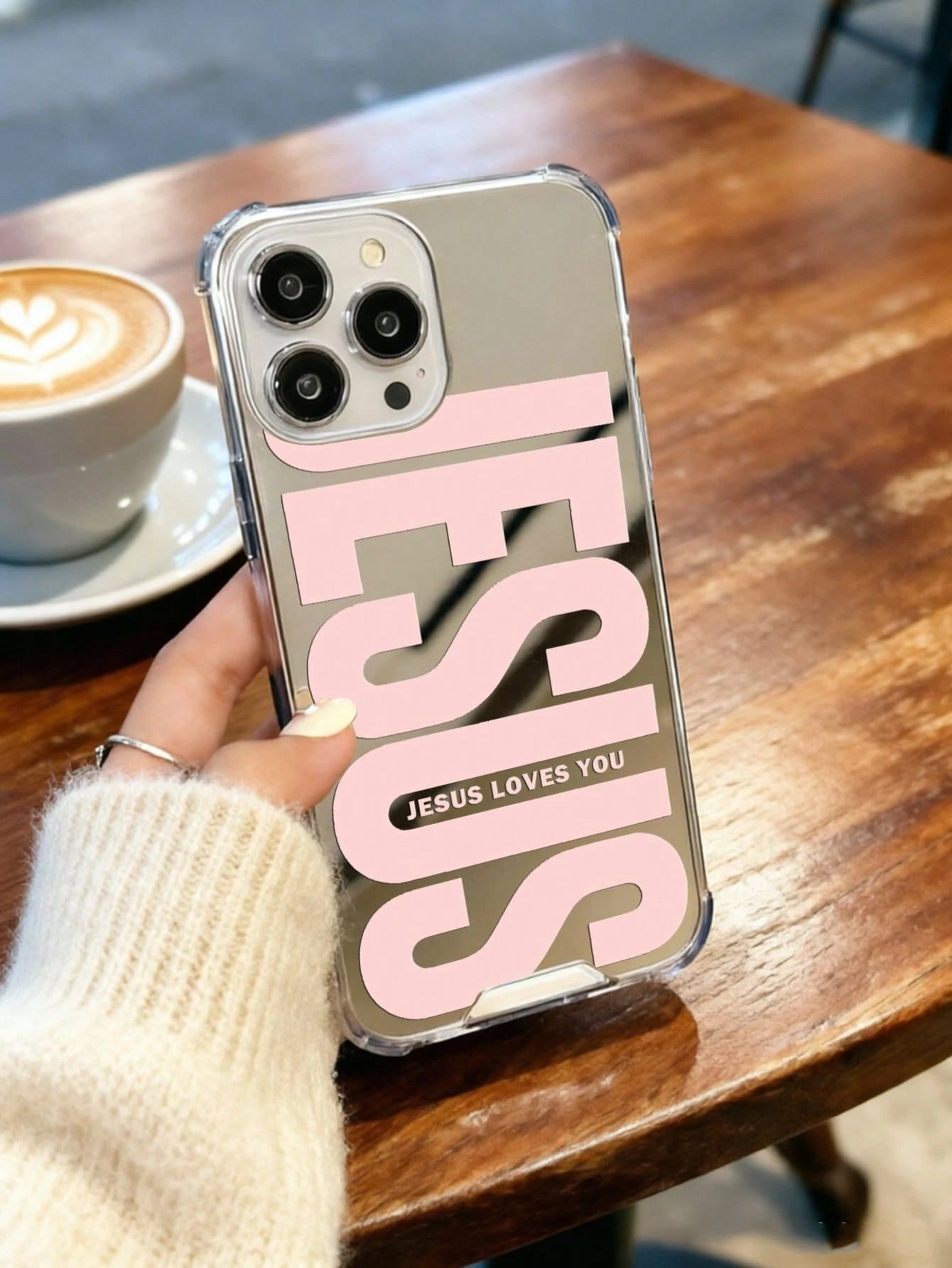 Pink "Jesus" Slogan Pattern Printed Mirror Acrylic Shockproof Phone Case, Compatible With IPhone 13/11/17/17pro/16/14/15/15pro/15 Plus/15 Promax/13pro/14pro/12mini/13mini/11promax/12promax/13promax/14