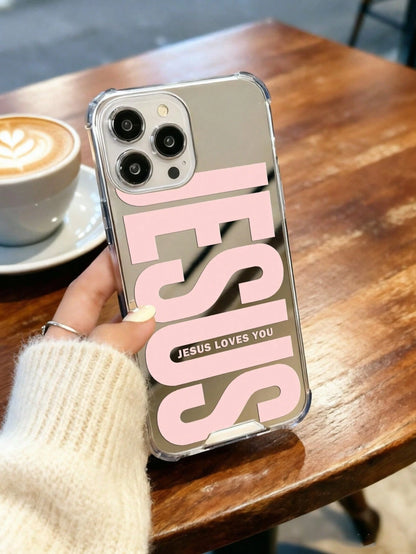 Pink "Jesus" Slogan Pattern Printed Mirror Acrylic Shockproof Phone Case, Compatible With IPhone 13/11/17/17pro/16/14/15/15pro/15 Plus/15 Promax/13pro/14pro/12mini/13mini/11promax/12promax/13promax/14