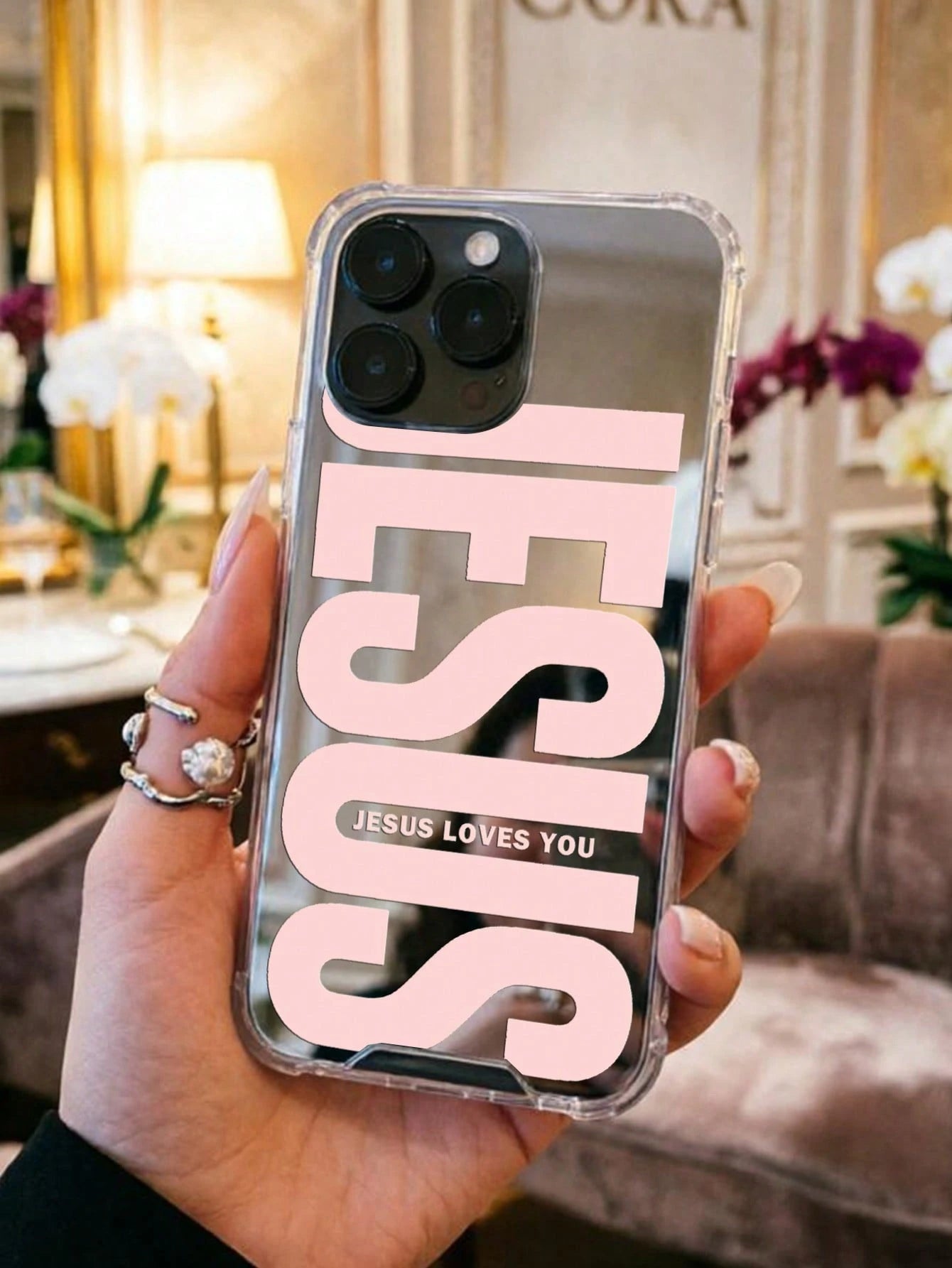 Pink "Jesus" Slogan Pattern Printed Mirror Acrylic Shockproof Phone Case, Compatible With IPhone 13/11/17/17pro/16/14/15/15pro/15 Plus/15 Promax/13pro/14pro/12mini/13mini/11promax/12promax/13promax/14