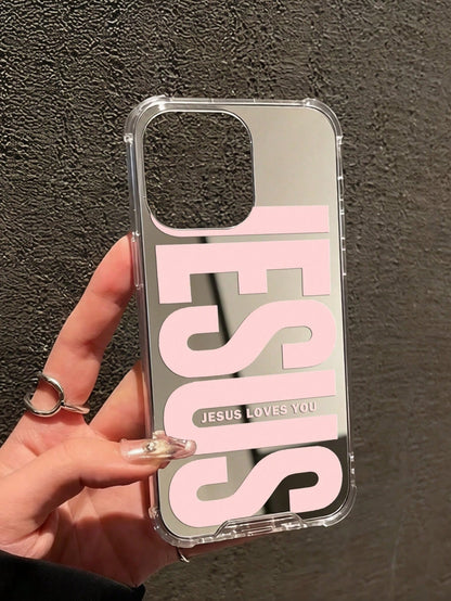 Pink "Jesus" Slogan Pattern Printed Mirror Acrylic Shockproof Phone Case, Compatible With IPhone 13/11/17/17pro/16/14/15/15pro/15 Plus/15 Promax/13pro/14pro/12mini/13mini/11promax/12promax/13promax/14